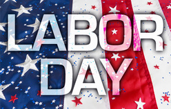 poster with American flag background and a sign that ssays "Labor day"