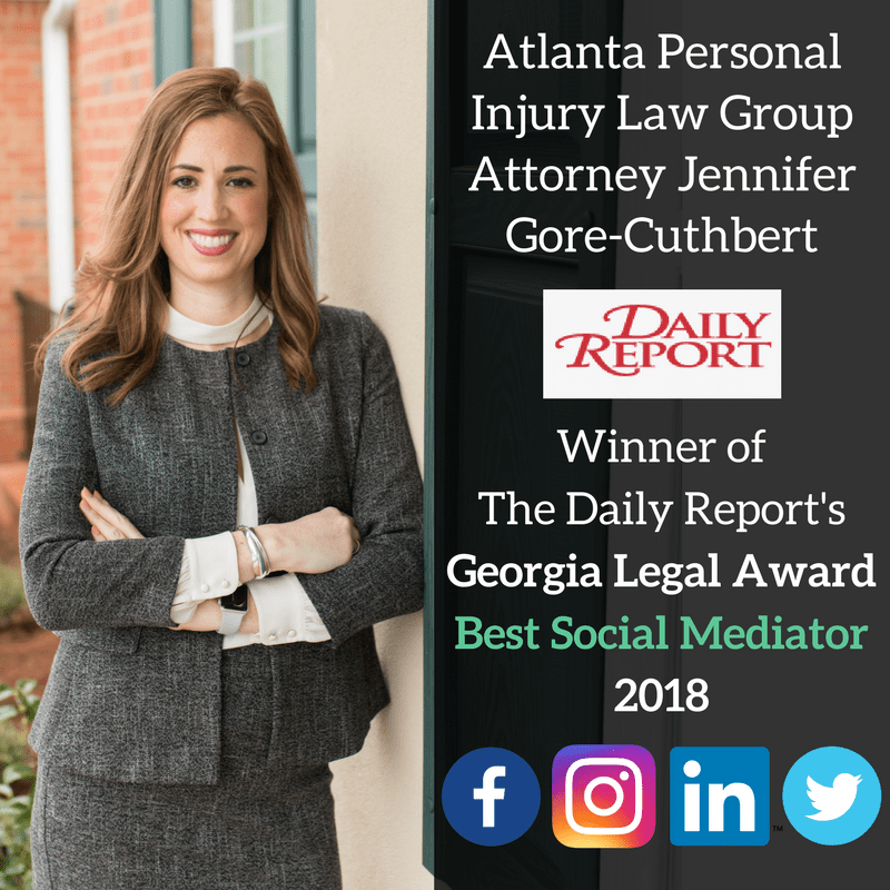 poster with Jennifer on the left side and on the right side a sign that says that she won the the daily report's Georgia Legal award 2018